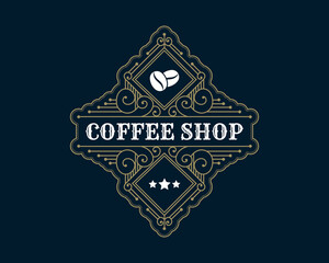 retro Luxury gold vintage Coffee shop logo with decorative ornamental frame for coffee house cafe hotel