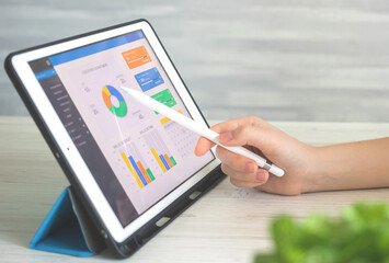 Businesswoman analyzing company perfomance on digital tablet using wireless stylus pen. Business...
