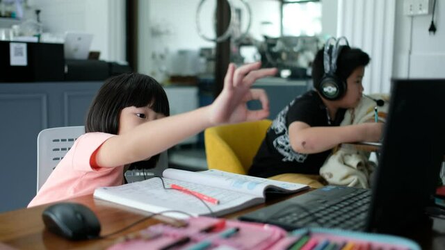 Asian children is learning online computer, home school
