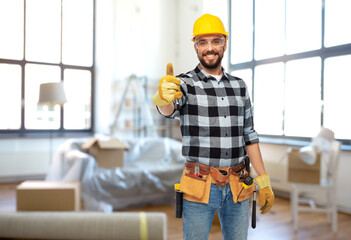 repair, construction and building concept - happy smiling male worker or builder in helmet and...