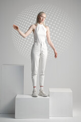 Futuristic young woman stands on cube, futurism