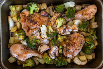 Top view of tray filled with delicious healthy food.