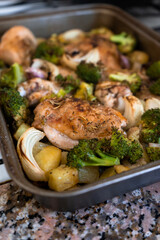 Healthy food with protein for training. Roast chicken.