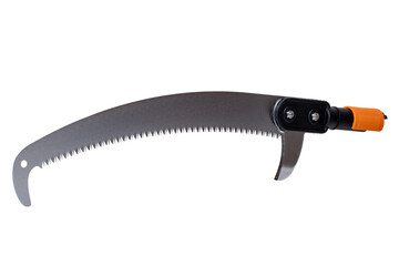 Closeup of a tool head of a pruning saw with Hardened steel saw for cutting the branches of trees in distant places isolated on white. Clipping path. Macro.