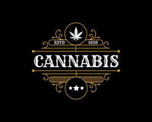 antique Luxury royal vintage Cannabis plant and leaf logo with decorative ornamental frame