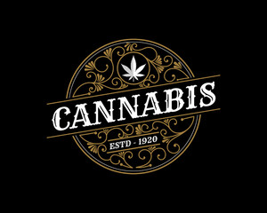 antique Luxury royal vintage Cannabis plant and leaf logo with decorative ornamental frame