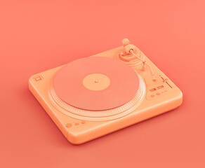 Monochrome orange color Dj turntable mixer equipment  in a pink studio, 3d rendering