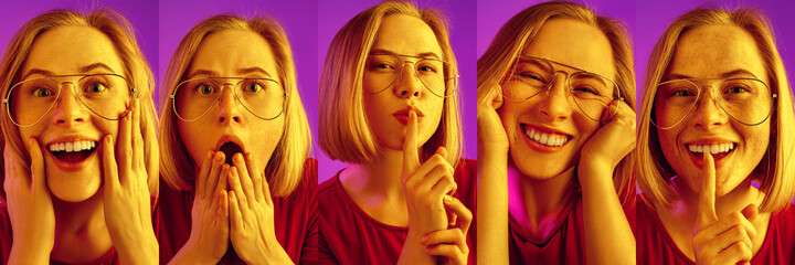 Evolution of emotions. Caucasian woman's portrait isolated over purple studio background in neon light. Collage