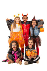 Group of kids in Halloween costumes
