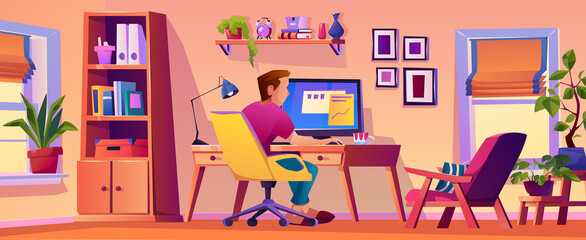 Male character working from home, freelancer or distant worker. Man sitting by computer, living room or personal office with supplies and plant decoration. Flat style cartoon character, vector