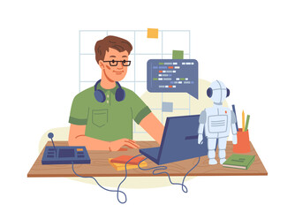 Portrait of male IT developer typing on keyboard programming code on computer screen and laptop isolated young programmer student. Vector college boy in glasses modeling robot, informatics lesson - obrazy, fototapety, plakaty