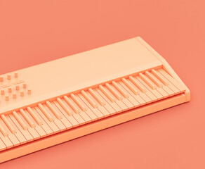 Monochrome orange color Synthesizer, electronic keyboard on the floor in a pink studio, 3d rendering