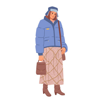 Woman oversize model in blue jacket, hat and long brown skirt. Vector fashion lady leather boots and handbag, winter cloth collection. Housewife on walk, hipster street style apparel