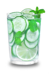 Glass with fresh organic detox cucumber water with lime and lemon.