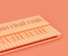 Monochrome orange color Synthesizer, electronic keyboard on the floor in a pink studio, 3d rendering