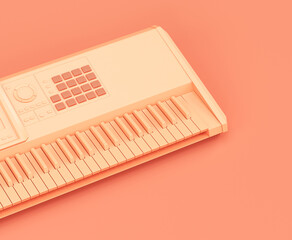 Monochrome orange color Synthesizer, electronic keyboard on the floor in a pink studio, 3d rendering