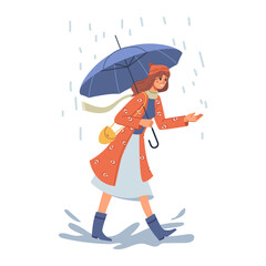 Female personage wearing warm clothes and coat holding umbrella and walking under rain. Cold weather in autumn fall season. Low temperatures and chill. Cartoon character in flat style vector