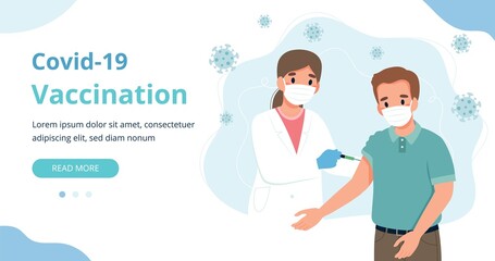 Coronavirus vaccination, man and a doctor with a syringe. Banner vector illustration in flat cartoon style