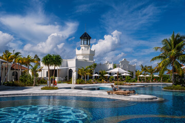 Luxury swimming pool in the tropical hotel saii lagoon maldives. Crossroads Maldives, july 2021