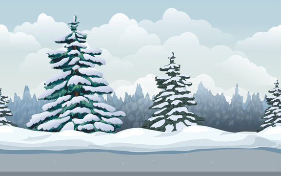 Winter landscape seamless forest background. Vector cartoon illustration of cold winter sunny day outdoor. cold season nature scene with snowy spruce, evergreen coniferous forest, snow drifts and road