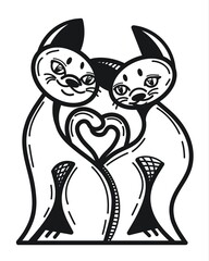 Cats in love. Two cute cats. Abstract drawing. Two tails symbolize the heart. A tattoo. Image to print. Outline for coloring.