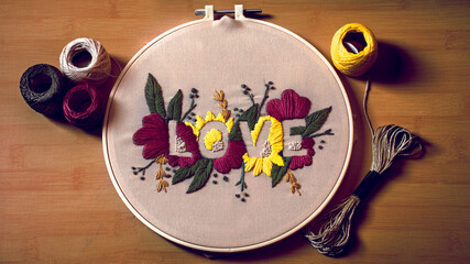 Word love embroidered on an embroidery hoop