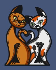 Cats in love. Two cute cats. Abstract drawing. Two tails symbolize the heart. A tattoo. Image to print. 