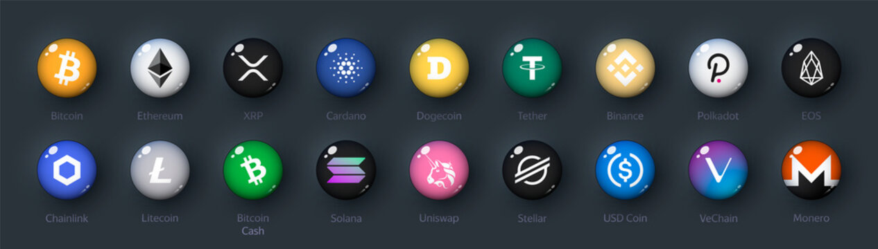 Collection of icons - buttons - logos of top cryptocurrencies. Realistic 3D glossy rounded buttons in Neomorphosm design. Vector illustration Ai and Eps file