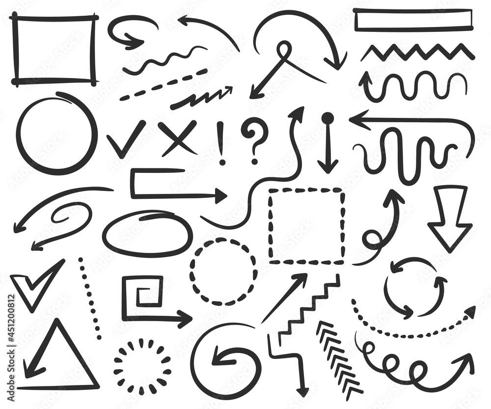 Poster doodle arrows and frames, hand drawn circles, square shapes. sketch arrow, border, frame, check mark