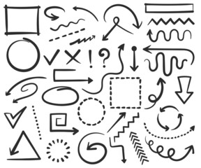 Doodle arrows and frames, hand drawn circles, square shapes. Sketch arrow, border, frame, check mark, pointer scribble drawing vector set. Scribble signs, question and exclamation marks