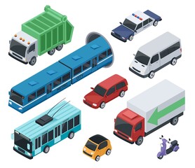 Isometric 3d public transport and city vehicle car, truck. Urban transportation van, subway train, police car. Cars and vehicles vector set. Municipal and private vehicles for driving