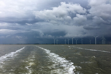 River Ems Mouth between Germany and Netherland with the Dutch Coast near Delfzijl with a storm approchaching