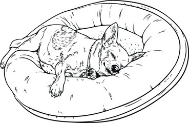 Dog sleeping black and white vector illustration 