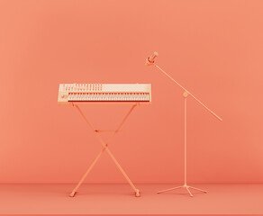 Monochrome orange color studio keyboard stand and keyboard with microphone on it in a pink studio, 3d rendering