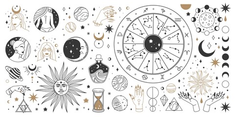 Mystical astrology, boho celestial and magic occult elements. Sacred mystic moon, sun, star, zodiac symbols and constellation vector set. Mystical and esoteric elements for astrology - obrazy, fototapety, plakaty