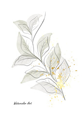 Watercolor art with green leaves branches decorated with gold splash