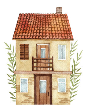 Cute Mediterranean house with small balcony. Watercolor hand painted illustration isolated on white background. Garden house. Red clay roof tiles and chimney. Illustration for greeting card