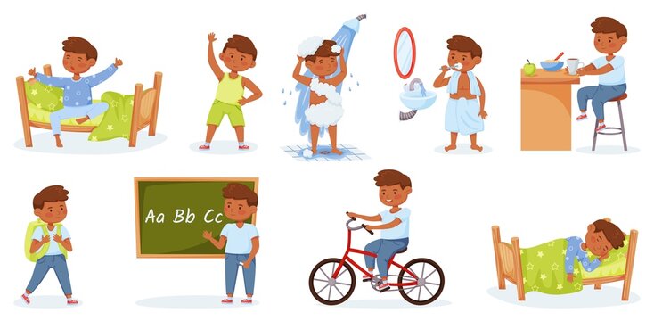 Cartoon little boy daily routine morning and evening activities. Happy child waking up, exercising, studying. Kids everyday lifestyle vector set. Male character riding bicycle, learning at school