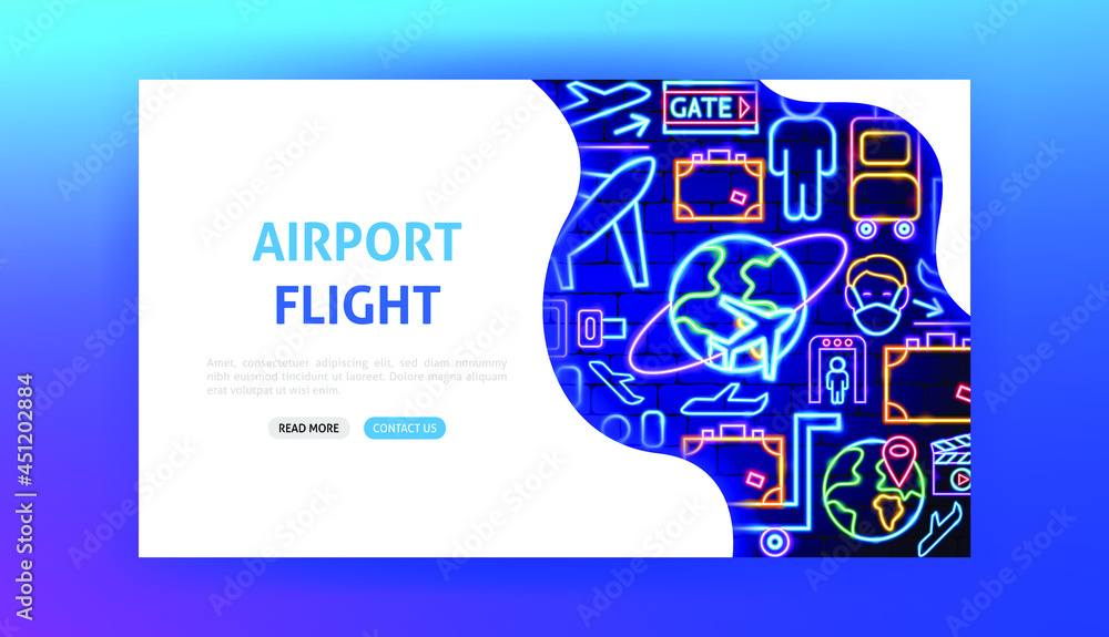 Sticker airport flight neon landing page. vector illustration of plane promotion.