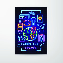 Airplane Travel Neon Flyer. Vector Illustration of Plane Promotion.