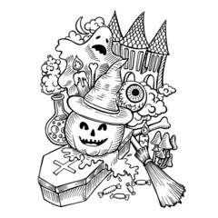 
Page for coloring with an illustration on the theme of the autumn holiday Halloween. Traditional elements of scary themed parties. Hand drawn pumpkin, ghost, potion, coffin. Vector line art image
