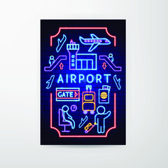 Airport Neon Flyer. Vector Illustration of Plane Promotion.