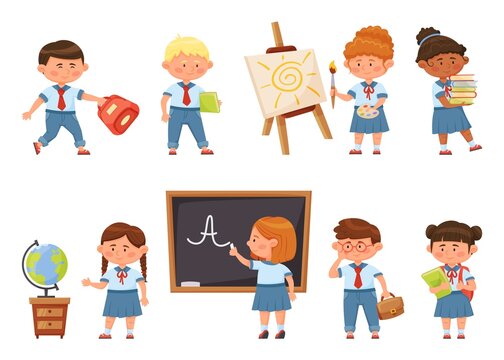 Cartoon school children in uniform, kids students with backpacks. Back to school. Happy boys and girls pupils holding books vector set. Characters painting on canvas, writing on blackboard