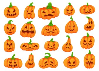 Cartoon halloween pumpkins with scary faces, fall decor elements. Cute orange pumpkin lantern with spooky face, autumn decoration vector set. Traditional celebration with horror expressions