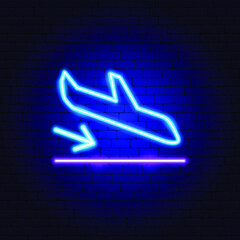 Plane Landing Neon Sign. Vector Illustration of Flight Promotion.