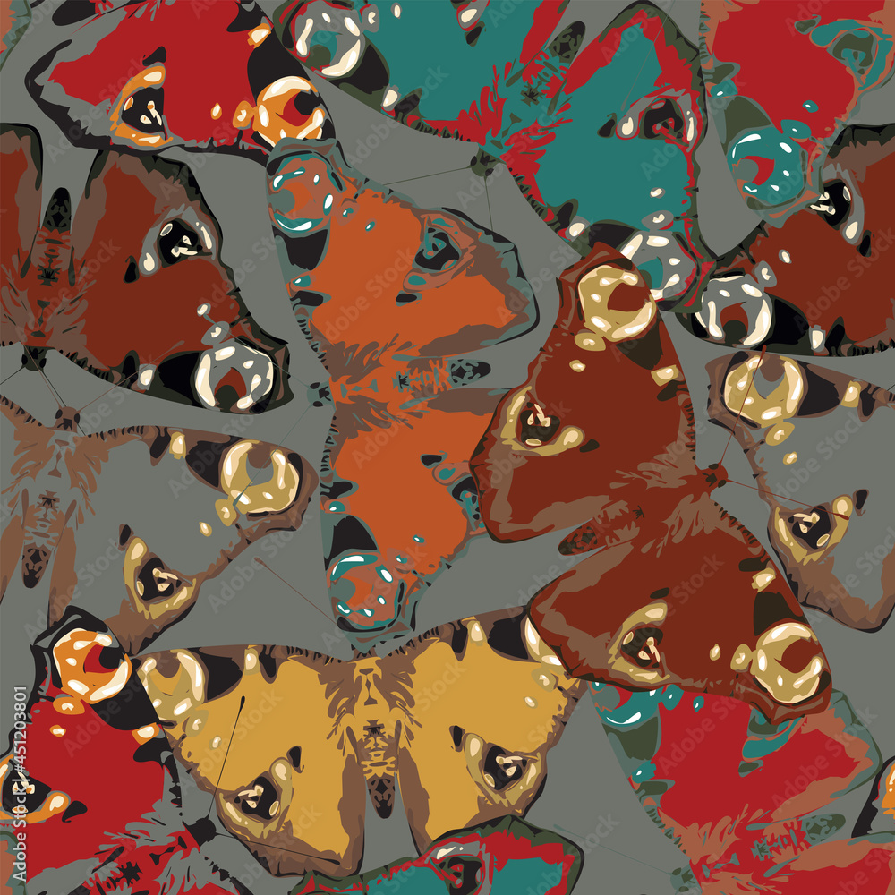 Poster seamless pattern with colored peacock eye butterflies on a khaki backdrop in retro style. vector rep