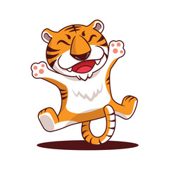 Happy Chinese New year 2022. Cartoon happy tiger jumping out with hand and leg spread out. Year of the tiger