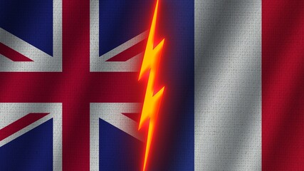 France and United Kingdom Flags Together, Wavy Fabric Texture Effect, Neon Glow Effect, Shining Thunder Icon, Crisis Concept, 3D Illustration