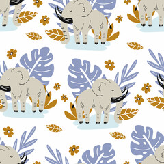 Seamless pattern with elephant and hand drawn elements