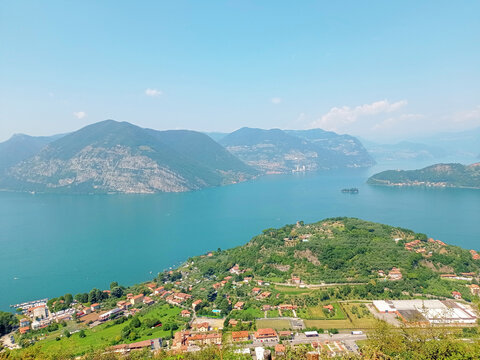 Panoramic view of lake iseo from sulzano, elevated view, italy